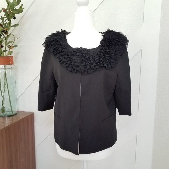 Ann Taylor | Ruffle Collar Cropped Short Sleeve Wool Jacket Blazer - Picture 2 of 9